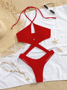 2026 New European and American Women's Fashion Sexy Beach Vacation Solid Color Cutout One-Piece Plunge Cutout Swimsuit Summer Bikini Swimsuit
