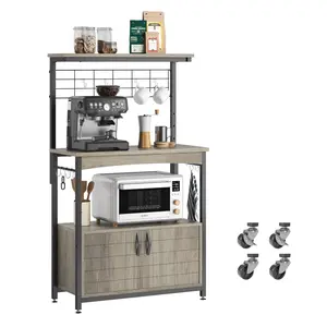 3-Tier Baker's Rack with Cabinet, Kitchen Storage Shelves, Microwave Oven Stand, Coffee Bar with Hooks in Grey