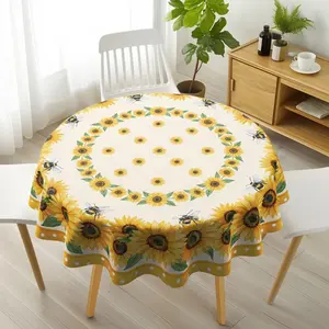 1PC Round Tablecloth, Light Beige Background with Sunflower Wreath (Large & Small Sunflowers) & Bee Pattern (Yellow-White Polka Dot Border), Decorative Table Linen for Dining Table, Home Decor & Countryside-Themed Gatherings