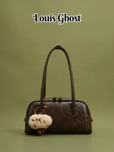 Single-shoulder bag: Retro bowling bag with cute plush pendant; Classic and simple women's crossbody bag; high-quality artificial leather top handle handbag;  aesthetic commuter and daily handbag; Designer custom tote bag with contrasting color stitchi