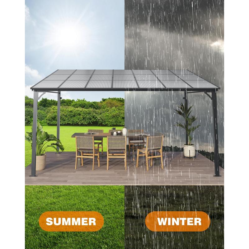 GARVEE 10x12FT Lean to Gazebo, Hardtop Wall Pergola with Polycarbonate Roof, Aluminum Frame Mounted Gazebo for Lawn Patio Deck Yard and Party