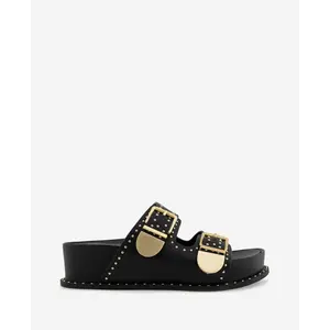 Gradie Double Buckle Studded Leather Platform Slide Sandal