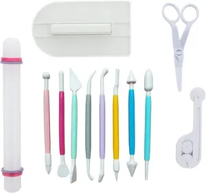 Marshmallow Fondant Cake Decorating Hand Tool 12 Pcs 5 Sets Sugarcraft Gumpaste Icing Smoother Rolling Pin Trimmer Cutter Embosser Flower Scissor Modelling Accessories Supplies Kit Multi