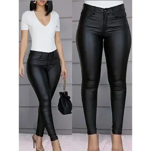 High-waisted PU leather leggings with a button front and side pockets, stretchy fabric, casual style for music festivals and parties, women’s fashionable denim GARMENTARY