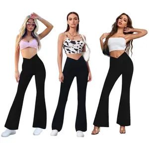 Flare Yoga Pants with Pockets for Women,High Waisted V Crossover Bootcut Yoga Leggings Stretchy Casual Workout Pants Fabric Nylon Womenswear Bottom