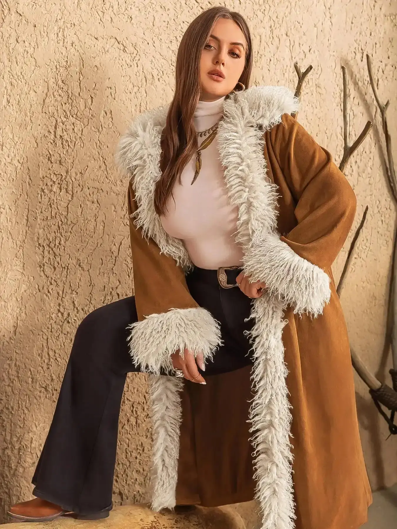 Winter Vintage American Style Camel Deer Leather Plush Mid-Length Fur Collar Woven Cotton Jacket Coats, Warm Outerwear for Stylish Women, casual outerwear, women jacket, fashion coat, outerwear women