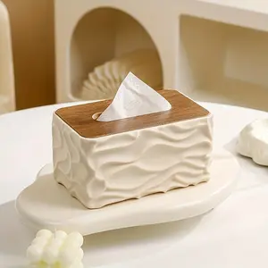 Fashion Simple Style Paper Towel Box, Cream Wave Design, Wooden Cover, Large Capacity, Home Decor, Bathroom, Office, Holiday Gift, Tissue Box