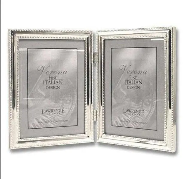 Silver-Plated Metal 5x7 Hinged Double Vertical Photo Frame with Delicate Beading, Home Decor for Room Decor