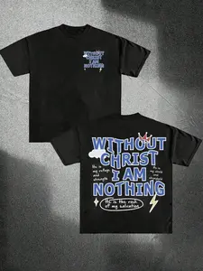 Men's Regular Fit without Christ I Am Nothing Letter Print Round Neck Tee, Street Fashion Casual Short Sleeve T-shirt for Daily Wear, Menswear for All Seasons, Top Classic Embroidered Love Sweatshirt