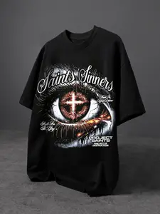 Men's Summer Street Style T-Shirt, Cartoon Cross Print, Slim-Fitting Long Sleeve, Fashionable Pure Cotton, Trendy Loose Fit