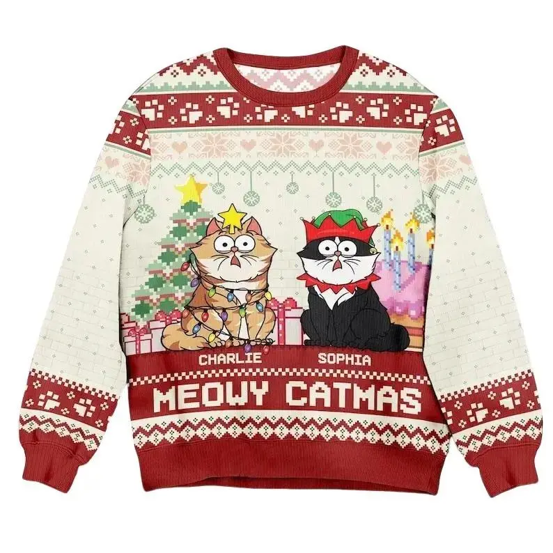 Personalized Meowy Catmas Ugly Christmas Sweater, Custom Ugly Sweater, Funny Christmas Gift For Owner Lover, Mom Sweater Casual Cotton