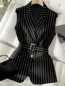 A women's black and white striped waist cinched suit vest with a fashionable new style of lace up slimming sleeveless camisole temperament for commuting. Suitable for all seasons, suitable for home, indoor, and outdoor wear