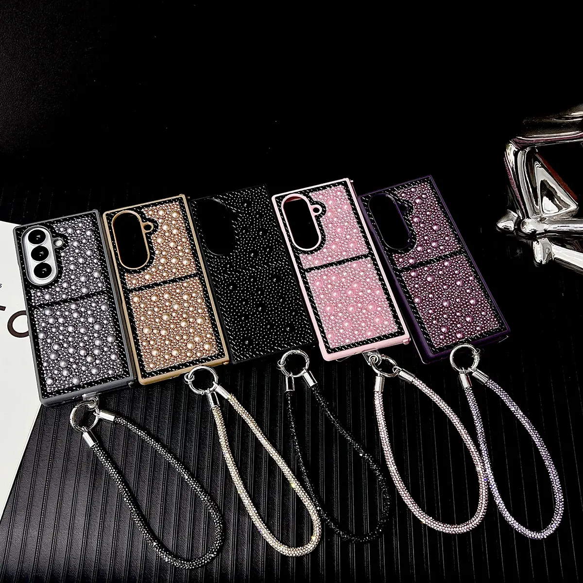 Pearl drop-shaped phone case with a bracelet, hard PC back plate protective phone cover suitable for Samsung Galaxy Z Fold7, Z Fold6, Z Fold5, Protector Protection
