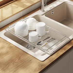 Extendable Dish Drying Rack Over The Kitchen Sink, Vegetables & Fruits Rinse Rack, Stainless Steel Dish Drying Tray, Kitchen Strainer Colander, Foldable Rinsing Station