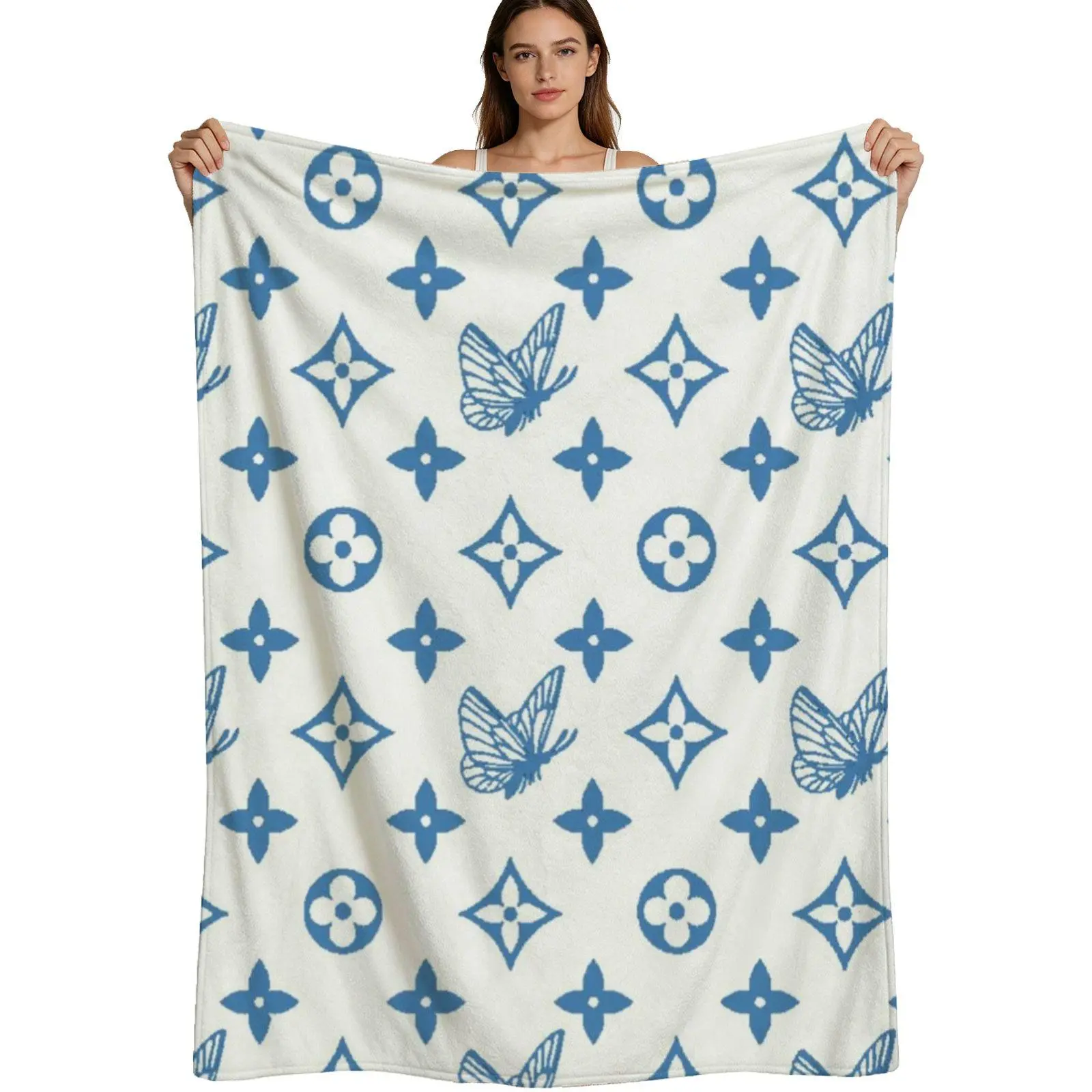 Luxury Monogram Style, Warm Flannel Blanket, Blue Butterfly And Floral Pattern, Soft Plush Fabric, For Home Decor And Gift, 4 Sizes Available Single Pack