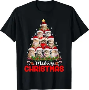 Merry Catmas Cat Christmas Tree Lights Funny Xmas Pajamas T-Shirt