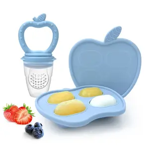 Apple Teething Toy with Lid, Baby Food Container Ice Tray, Silicone Feeding Set, Soother Nipple Teether Bag, Fruit Vegetable Toys, Teething Relief Set