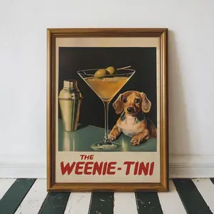 Retro Aesthetic Dog Bar Cart Art Print, Dirty Martini Wall Art, Funny Dachshund Art, Dog Cocktail, Weenie-tini Decor Landscape