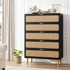 Rattan 5 Drawer Dressers for Bedroom, Tall Dresser with Deep Drawers, Large Chest of Drawers for Closet with Wide Top, Long Wooden Dresser for Living Room, Hallway, Kids Room, Black