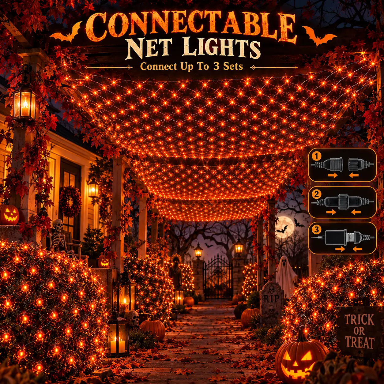 200 LED Multicolor Halloween Mesh Net Lights - 8.4ft x 5.2ft, IP44 Waterproof, 8 Lighting Modes, Timer & Dimmable, Connectable Outdoor Garden Bush Yard Halloween Decorations