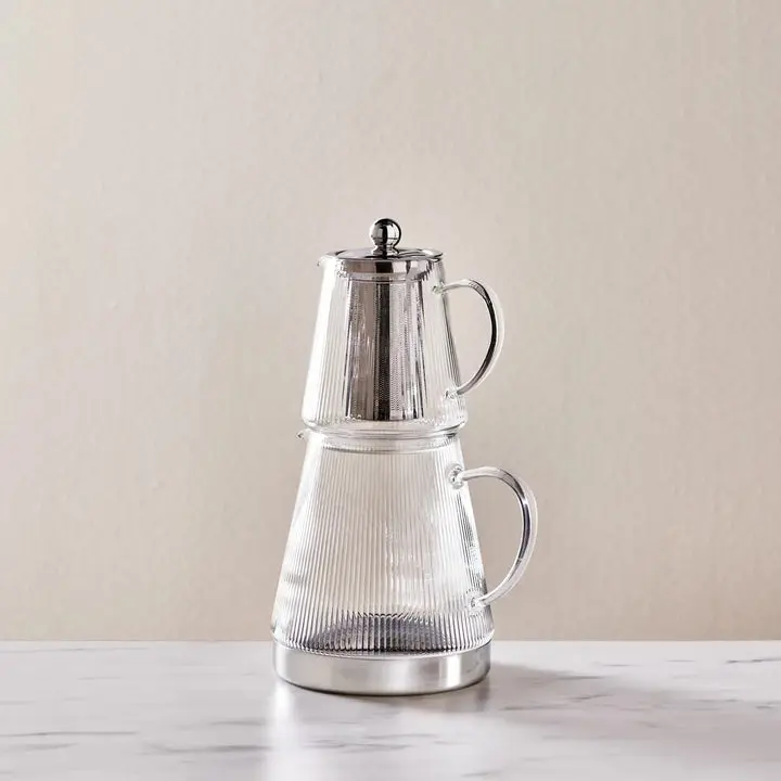 Karaca Keops Borosilicate Glass Teapot Set, XL, 0.45L Teapot & 1.5L Kettle, Transparent Silver
