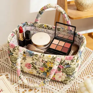 Vintage Floral Print Quilted Storage Basket, Portable Foldable Snack Basket, Sanitary Napkin Holder, Bathroom Organizer, Essential for Women and Girls