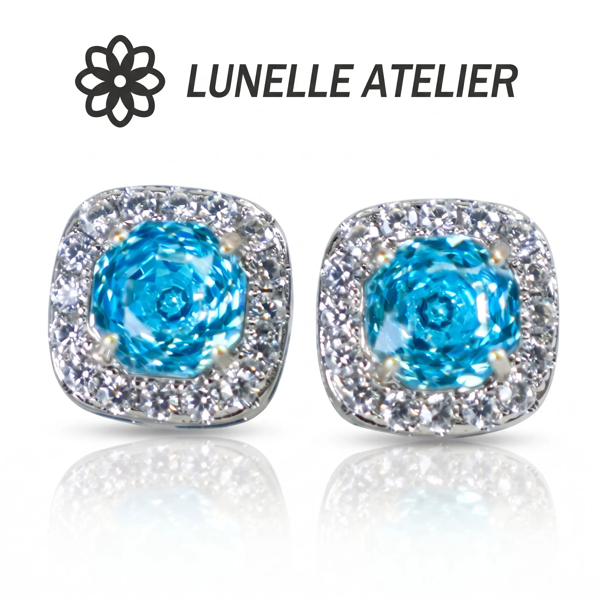 Cushion Halo Stud Earrings for Women Cubic Zirconia Square Stud Earrings Dainty Solitaire Gemstone Studs Sparkly Jewelry Gift Accessory (0.36 in)
