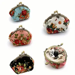 Mini Retro Flower Pattern Clutch Wallet Kiss Lock Carry On Pouch Lightweight Wallet For Women Vintage Style Opaque Bag Daily Commuter Purse