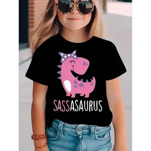 Cheerful Cartoon Dinosaur Pattern Print Girl's Versatile Comfortable Short Sleeves T-Shirt For Summer Outdoors