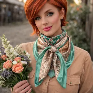 35X35" Teal, Brown and Tan Floral Wild Rag / Scarf WR3457