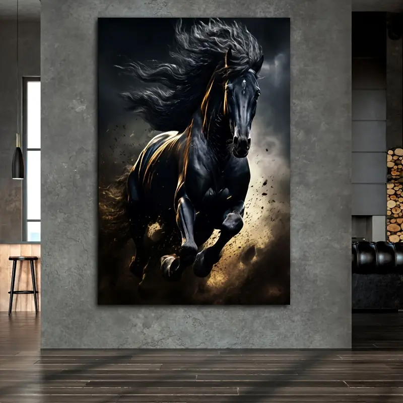Black Horse Racing Eco-Friendly Canvas Print - 2D Flat Wooden Frame, UV-Resistant Multi-Size Photo, Easy-Hanging Modern Home Decor Wall Art for Living Room, Artistic Gift Choice