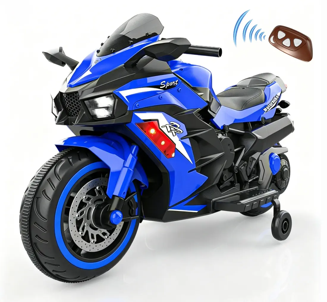 12V ABS Plastic Electric Ride-On Motorcycle Toy for Unisex 3-6 Years Kids - Battery-Powered, Remote Control, Learning Features, Engine Sound, 25 lbs-80 lbs Weight Capacity, Blue, Ideal for Birthdays
