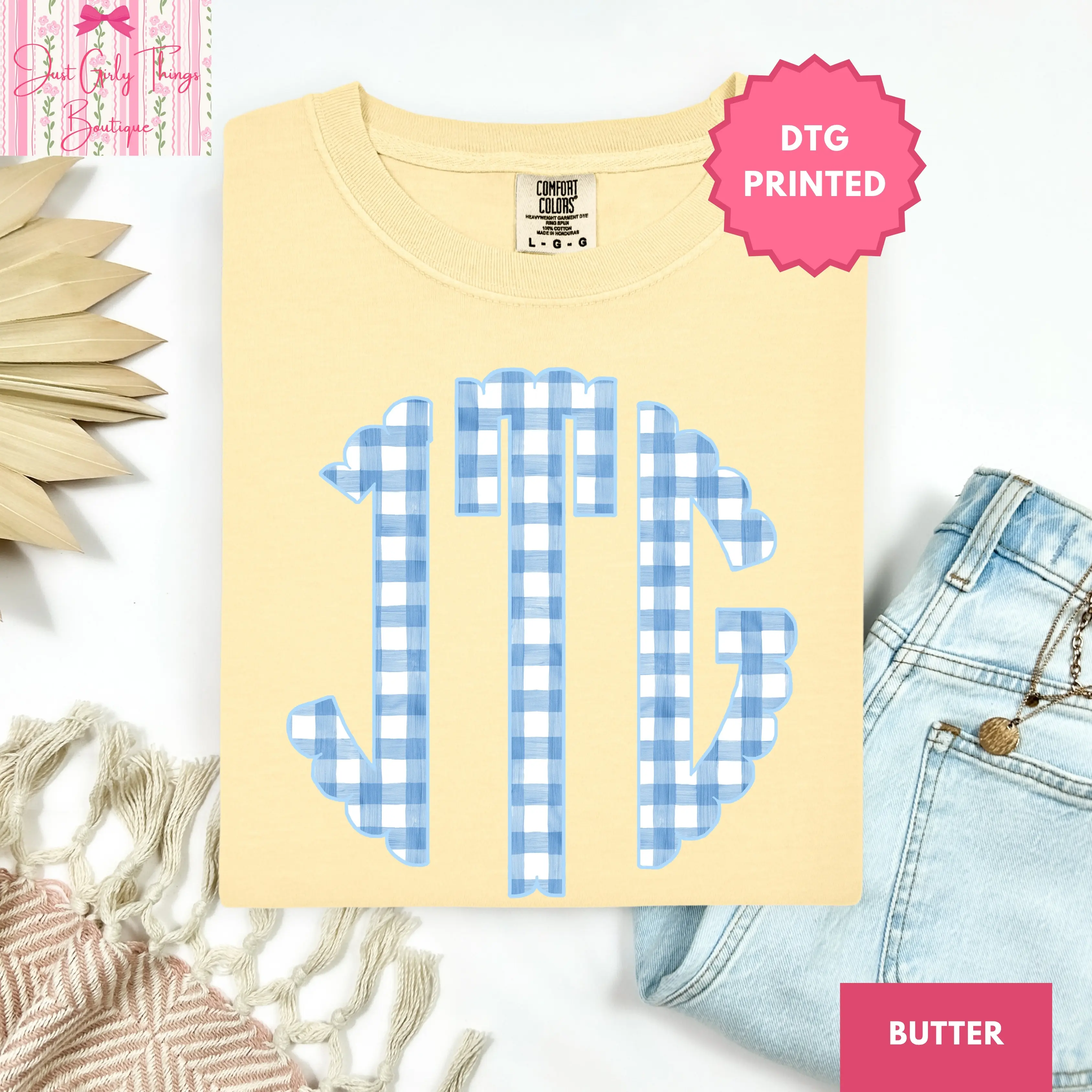Blue Gingham Custom Monogram Shirt ~ (Leave First Name Initial, Last Name Initial, Middle Name Initial in Notes at Checkout), Custom Name Shirt, Personalized Name Shirt, Custom Monogram Shirt, Preppy Summer Shirt, Monogrammed Shirt, Gingham Shirt