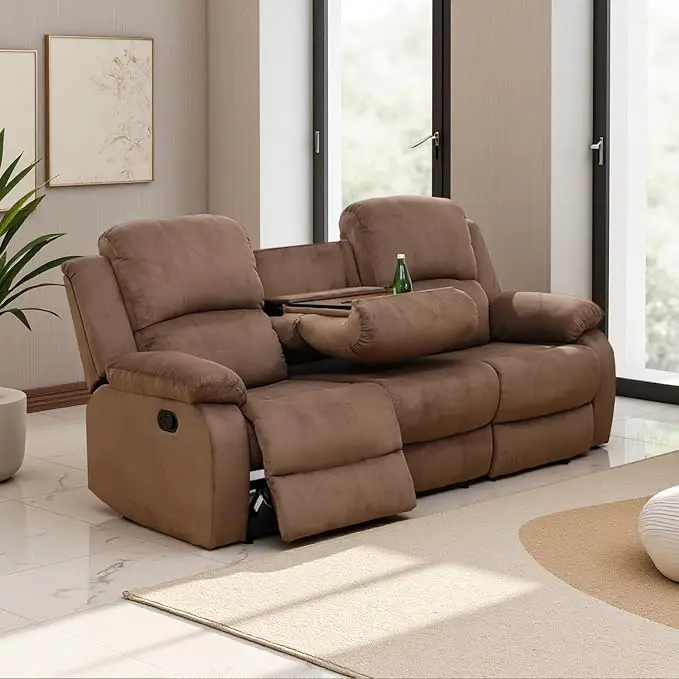 3-Seater Recliner Sofa with Drop-Down Table & Cup Holders, Fabric Reclining Couch with Manual Recline, Overstuffed Armrests & Backrest, Living Room Home Theater Seating