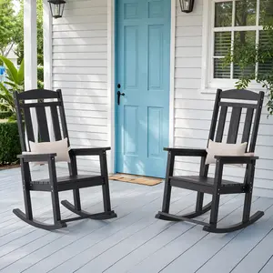 Outdoor Rocking Chair, Patio Rocking Chairs with High Back and Armrest, All Weather Oversized Porch Rocking Chairs 400 lbs Support, Black Rocking Chair with Headrest Footrest for Porch Backyard Garden