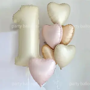32 Inch Cream Color Heart-Shaped Aluminum Foil Balloon Bouquet, Heart Shaped Balloons, Birthday Decoration Set, Party Decor, Anniversary, Valentine's Day, Photography