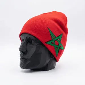 Morocco Flag Beanie - Bold Red Knit with Green Star Emblem Soft Acrylic Yarn Warm Lightweight Comfortable Streetwear Fits Winter Layers