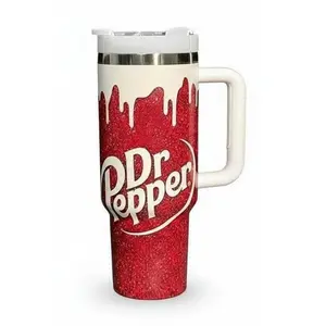 Dr Pepper Tumbler, 40oz With Handle Tumbler, Paint Drip Design, Christmas Gift, 40oz Stainless Steel Tumbler, Glitter Design, Perfect Gift For Pepper Lover
