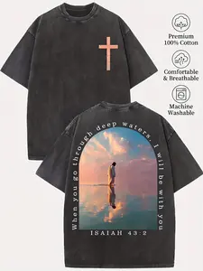 Men's 230g Washed Pure Cotton Short-Sleeve Round Neck T-Shirt, Cross & Isaiah Verse Design, Double-Sided Print, Distressed Drop-Shoulder Retro Y2K Vintage Streetwear, Casual Menswear Summer Top