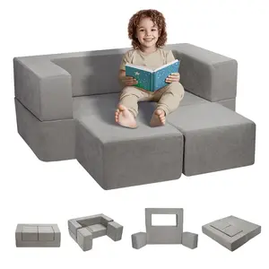 4-Piece Modular Kids Play Couch, Toddler Sofa Bed with Removable Cover, Child Sectional Chair Seat, Indoor Living Room Playroom Furniture for Boys & Girls, Grey