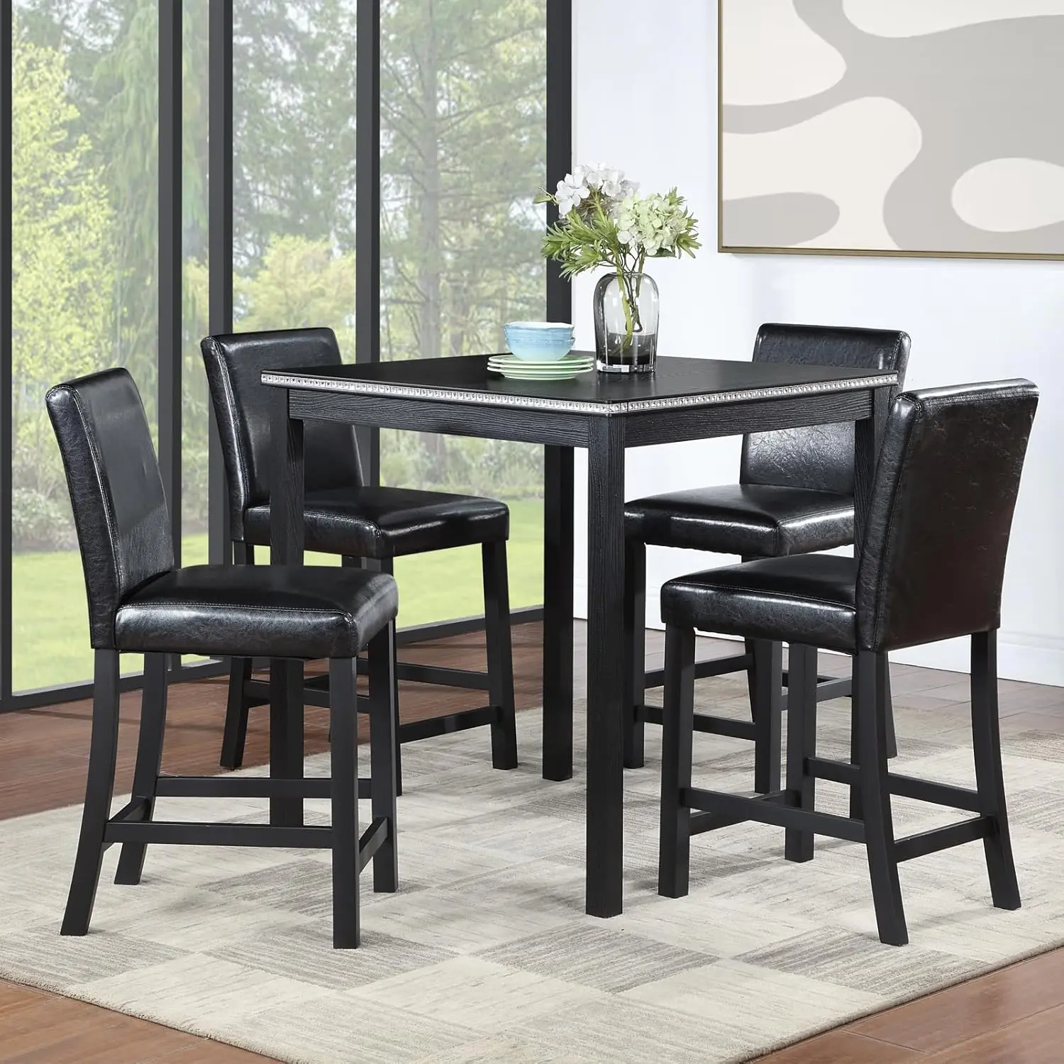 Dining Table Set for 4, 5-Piece Solid Wood Counter Height Kitchen Table Set with 4 Upholstered Chairs for Kitchen, Dining Room, Home Bar, Black