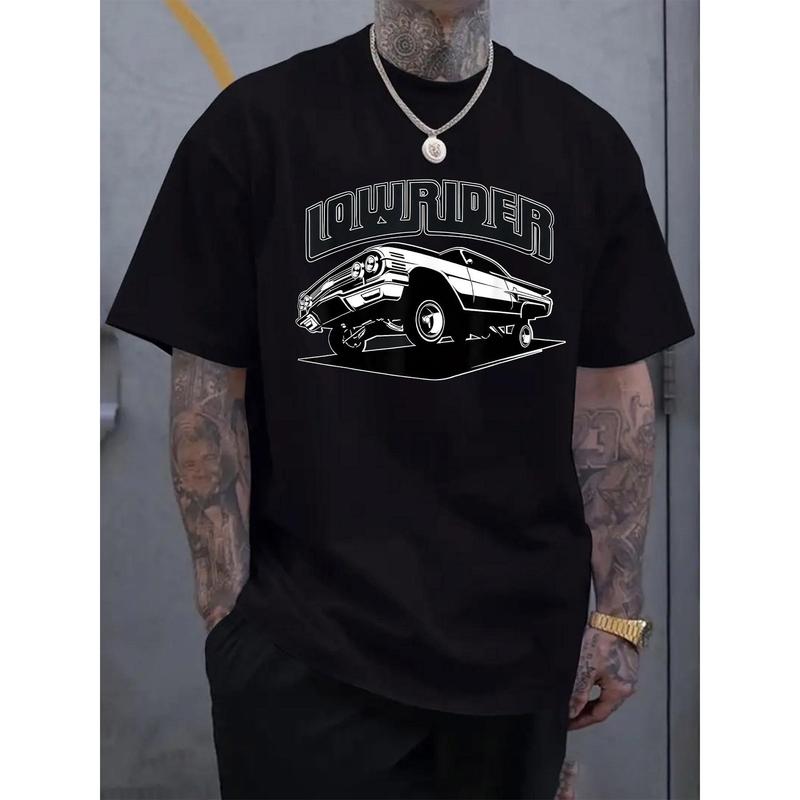 Men's Casual Lowrider Graphic T-Shirt - Short Sleeve, Crew Neck, Summer & Spring Wear, White with Black Print, Lightweight Polyester Blend, Machine Washable, Casual T Shirts
