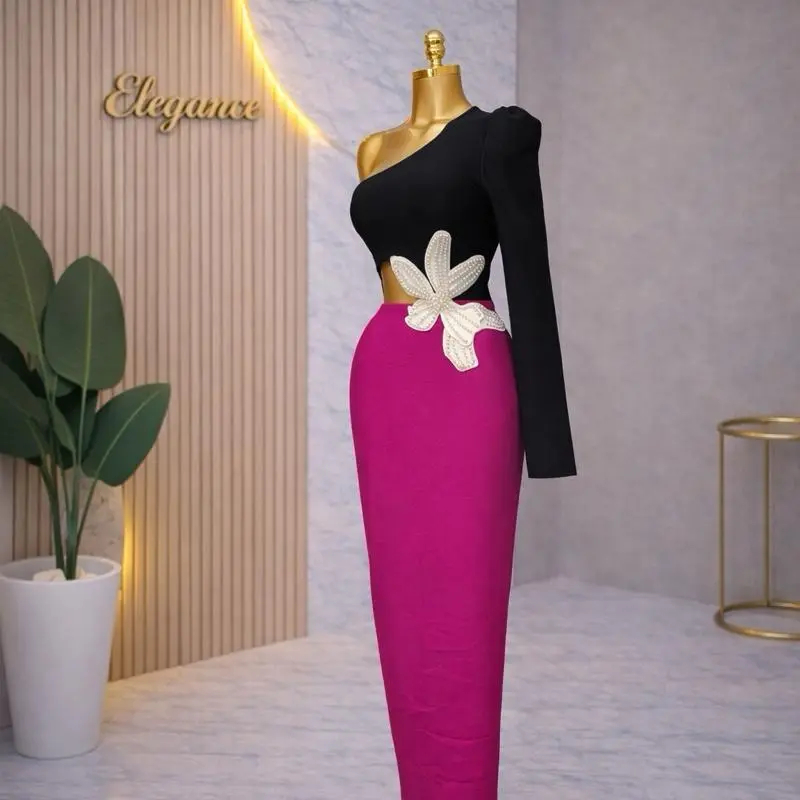 Women's 1-Shoulder Bodycon Bandage Dress - Black & Fuchsia Colorblock, Sculpting Fabric, Flattering Fit, Elegant Formal Party Wear, Party Fit, Night Out, Statement, Long Sleeve, Anniversary, Piece, Bachelorette Party