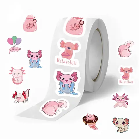 Cute Relaxolotl Axolotl Pattern Sticker (500pcs/roll), Self Adhesive Decorative Aesthetic Stickers, DIY Decals for Water Bottle, Laptop, Phone Case, Scrapbooking, Journal Making, Ornaments
