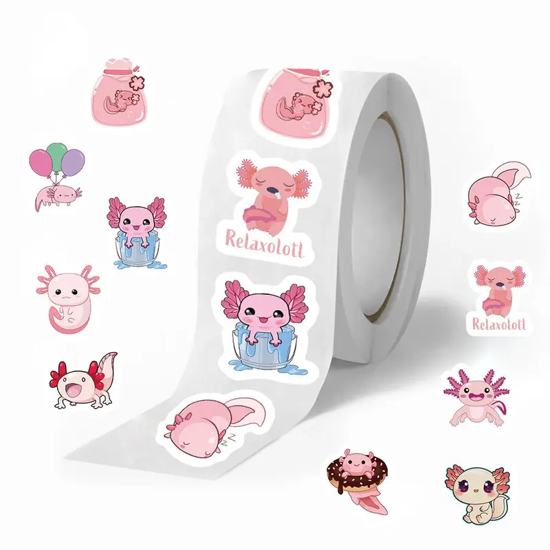 Cute Relaxolotl Axolotl Pattern Sticker (500pcs/roll), Self Adhesive Decorative Aesthetic Stickers, DIY Decals for Water Bottle, Laptop, Phone Case, Scrapbooking, Journal Making, Ornaments
