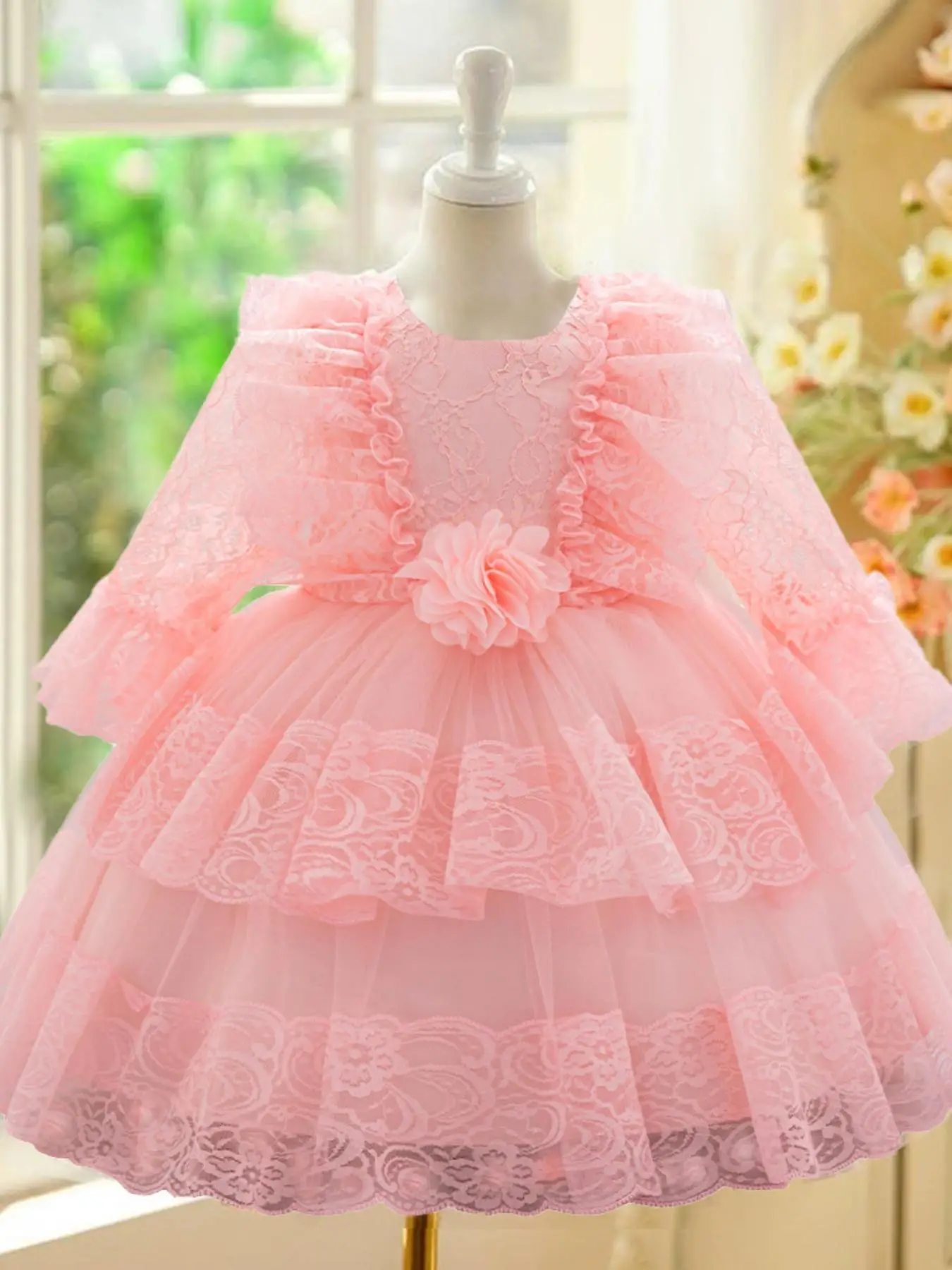 Baby Girl's Contrast Lace Bow Back Fit & Flare Dress Cute Romantic Flower Decor Ruffle Trim Long Sleeve Dress for Party Wedding Guest Newborn Infant K
