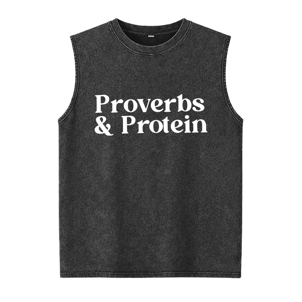 Proverbs & Protein Gym Washed Vest Christian Workout Motivational Washed Vest Sport Vests Sleeveless Sports Tops