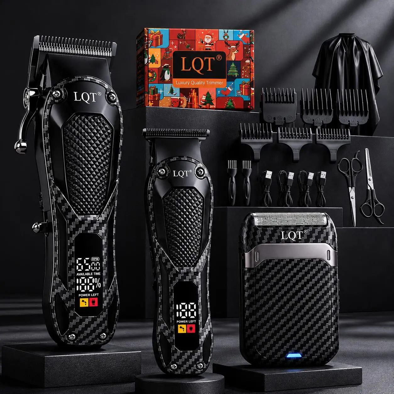 LQT 3-Piece Carbon Fiber Grooming Kit for Men, Professional Rechargeable Hair Clipper, Trimmer & Foil Shaver for Durable Hair Styling and Daily Use, Full-Size, Men's Stuff