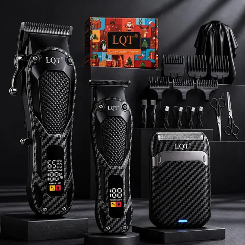 Men's Durable LQT 3-Piece Carbon Fiber Cordless Grooming Kit - Professional Rechargeable Hair Clipper, Carving Trimmer, Foil Shaver with Floating Foil Head, Batteries, Barber Equipment for Face/Body Grooming & All Skin Types (Full-Size)
