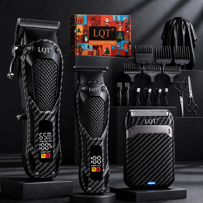Men's Durable LQT 3-Piece Carbon Fiber Cordless Grooming Kit - Professional Rechargeable Hair Clipper, Carving Trimmer, Foil Shaver with Floating Foil Head, Batteries, Barber Equipment for Face/Body Grooming & All Skin Types (Full-Size)